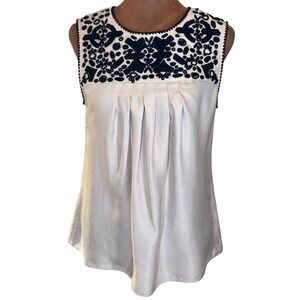 Banana Republic Silk Sleeveless Blouse Women Small Beige Black Embroidered EUC